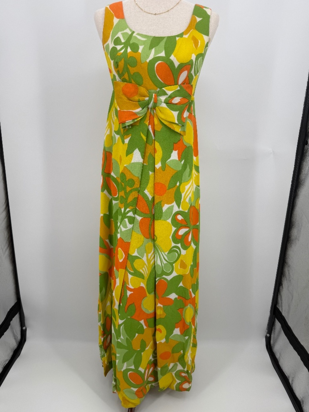 Vintage 1970s Psychedelic Floral Maxi Dress Empire Waist Green Orange Women S